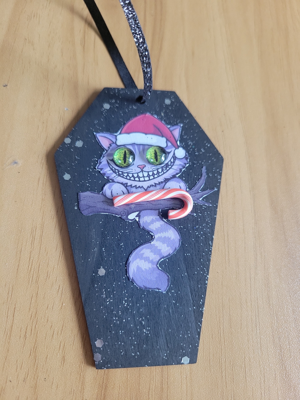 🧋NEW🧋Hand Crafted Purple Cat Candy Cane Ornament Tag